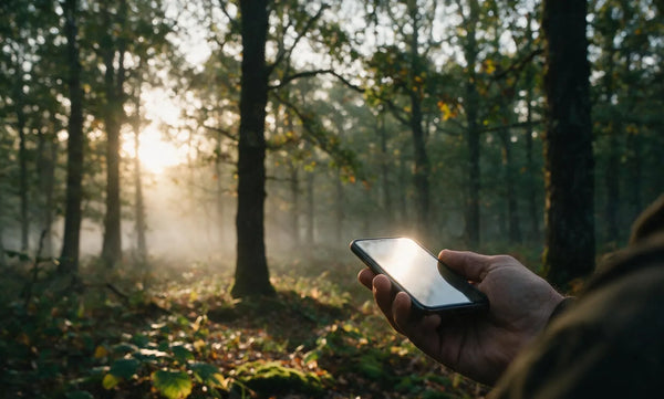 Main tenant un téléphone en forêt, l'écran reflétant la lumière du lever de soleil