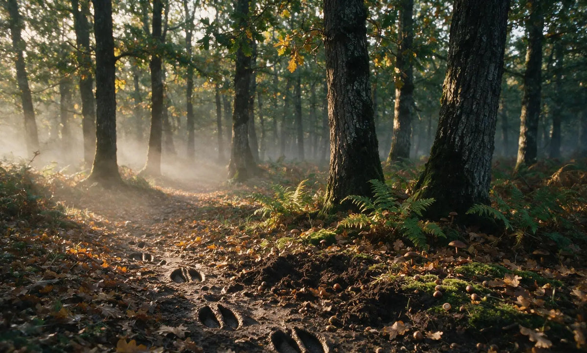 Empreintes fendues de sanglier superposées dans la terre humide d'une coulée, en forêt de chênes à l'aube Image