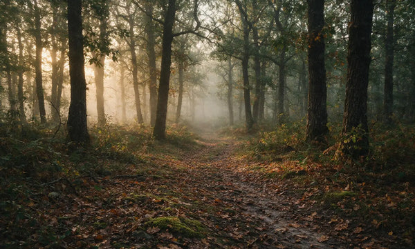 Coulée de gibier vide dans une forêt de chênes au petit matin, aucun passage visible