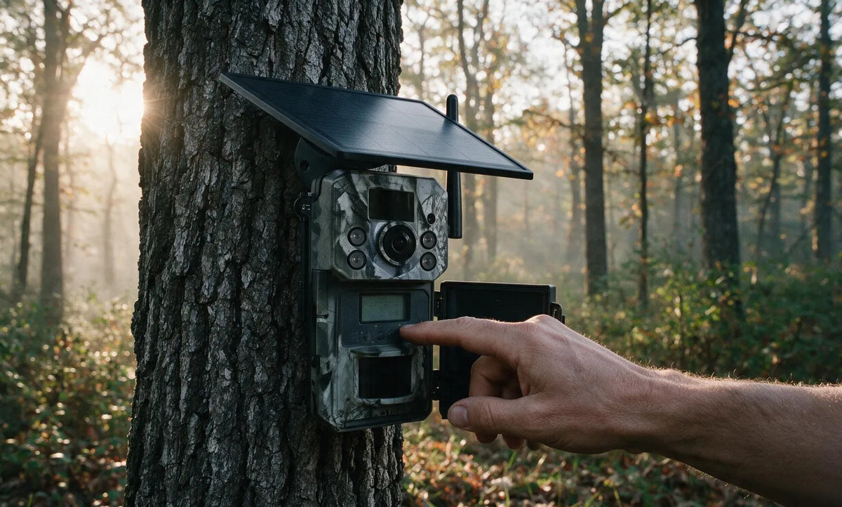 Main réglant les paramètres sur l'écran intérieur d'une caméra de chasse ouverte, sanglée à un chêne Image