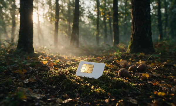 Carte SIM vierge posée sur la mousse et les feuilles d'un sous-bois de chênes, éclairée par la lumière du lever de soleil