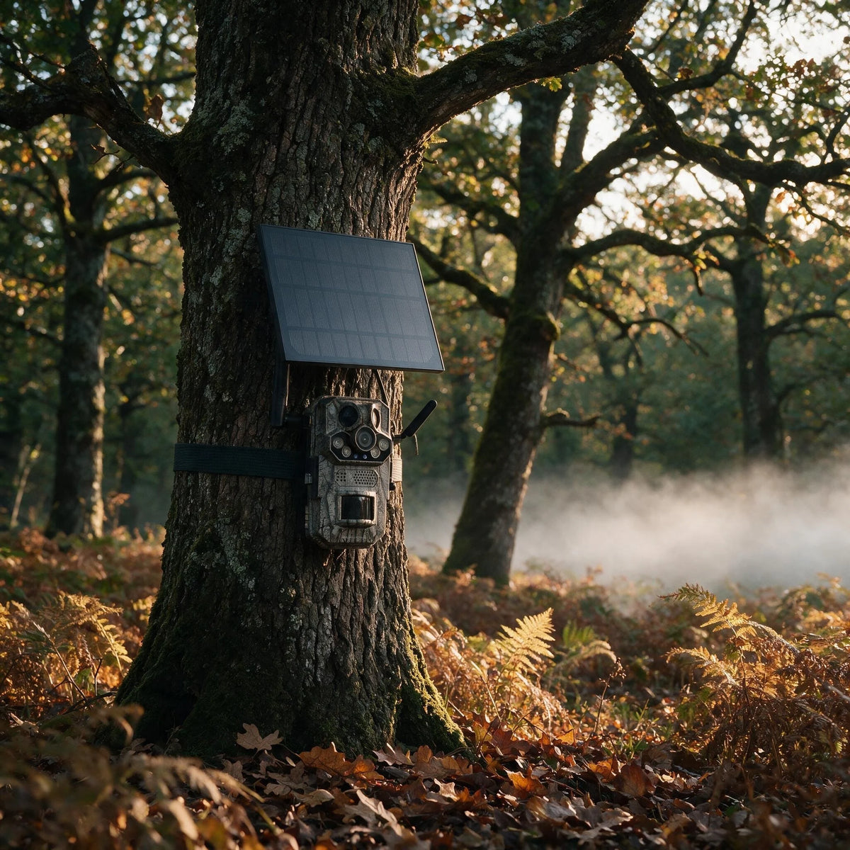 Piège photo 4G sanglé sur un tronc de chêne en forêt, brume d'automne