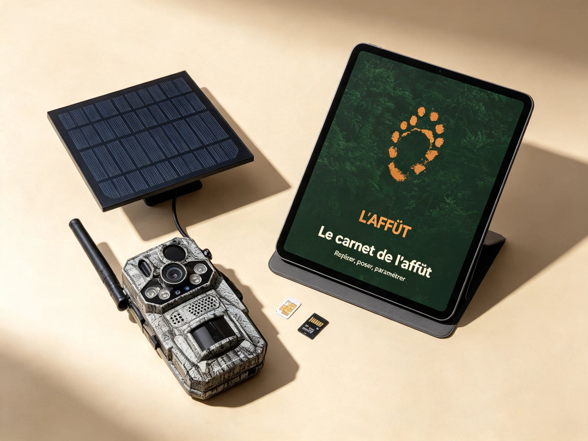 Caméra de chasse 4G avec son panneau solaire, carte SIM et carte mémoire, à côté d'une tablette affichant la couverture du carnet de l'affût