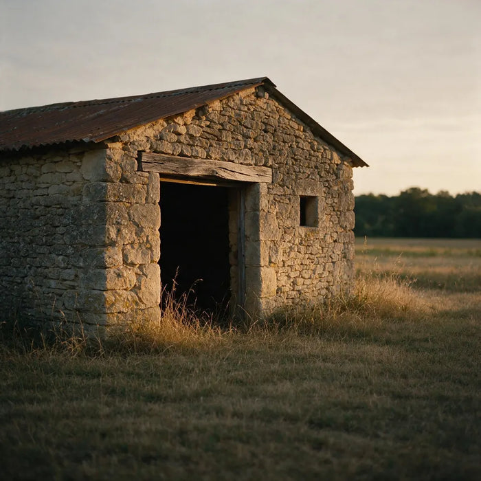 Vieux bâtiment agricole en pierre isolé en bordure de champ au crépuscule, porte ouverte